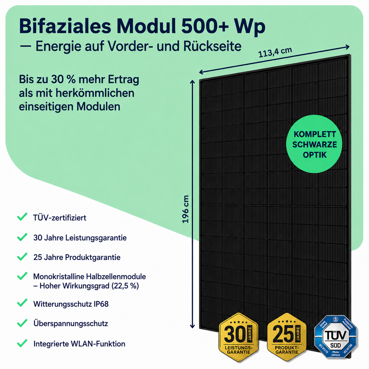 Bifaziales Glas-Glas-Solarmodul 500 Wp des 6000W-Sets – Infografik mit Maßen, Wirkungsgrad und Garantiezeiten