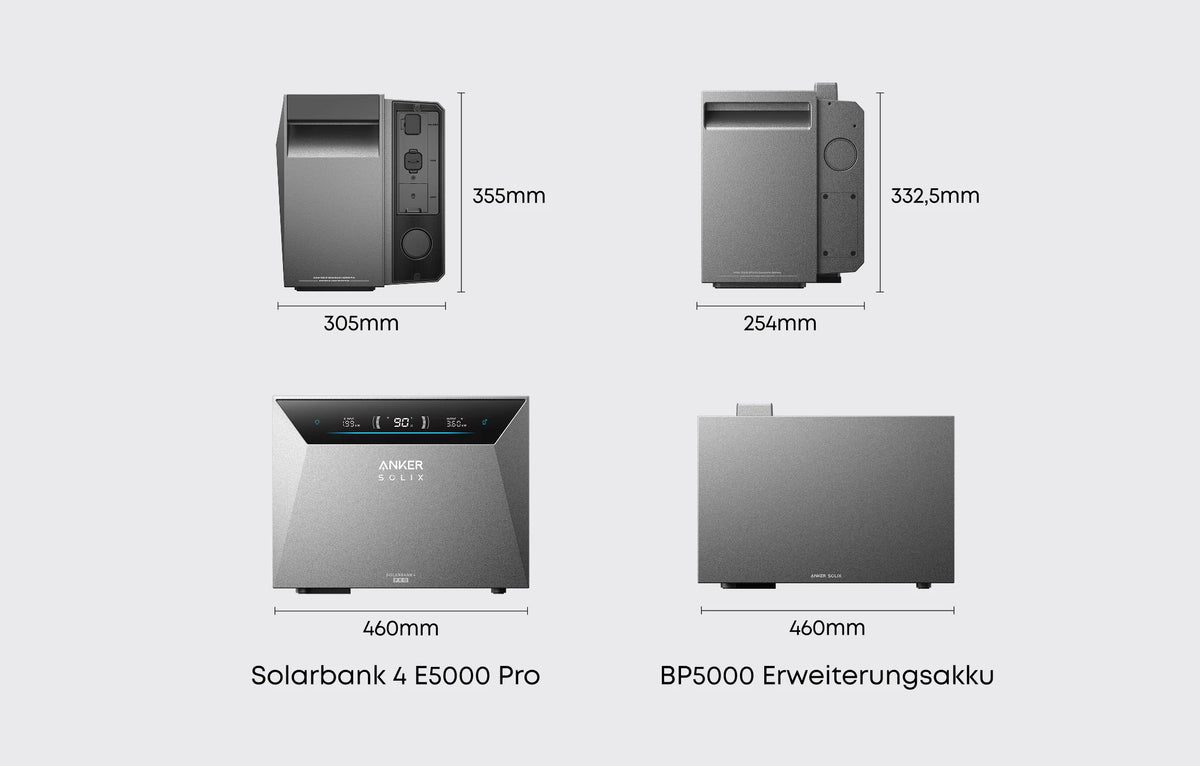 Anker SOLIX Solarbank 4 E5000 Pro und BP5000 Erweiterungsakku – Maßvergleich der Gehäuse in Millimetern