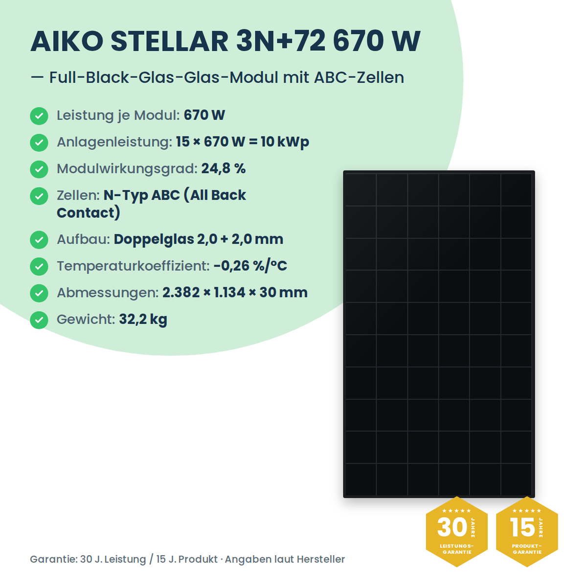 PV-Komplettset 10 kWp 3-ph. | 15× AIKO STELLAR 670W + Sungrow SH10T + Sungrow SBH100