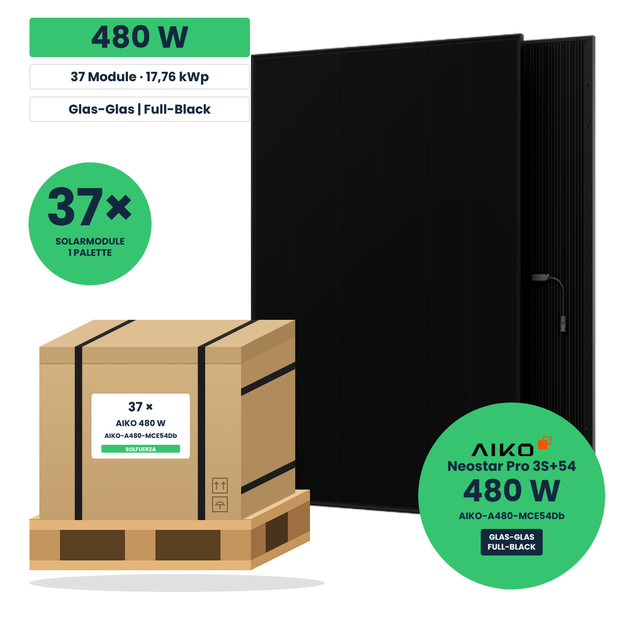 AIKO Neostar Pro 3S+54 480 W Glas-Glas Solarmodul in Full-Black-Optik – Palette mit 37 Stück