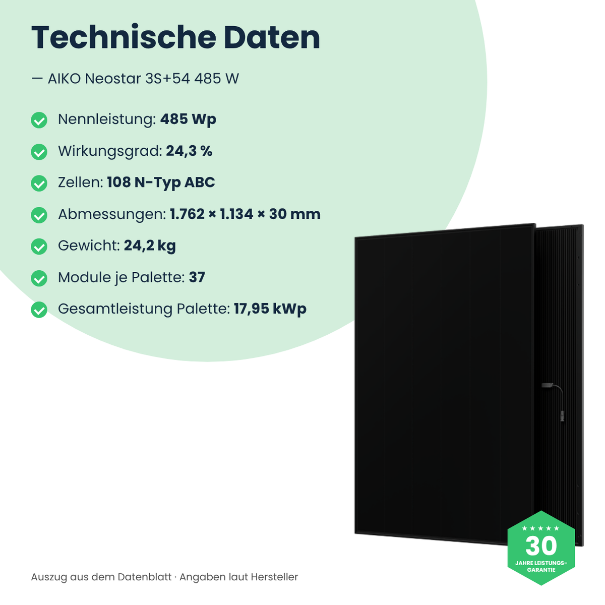 AIKO Neostar 3S+54 485 W – technische Daten, 1.762 × 1.134 × 30 mm, 24,2 kg