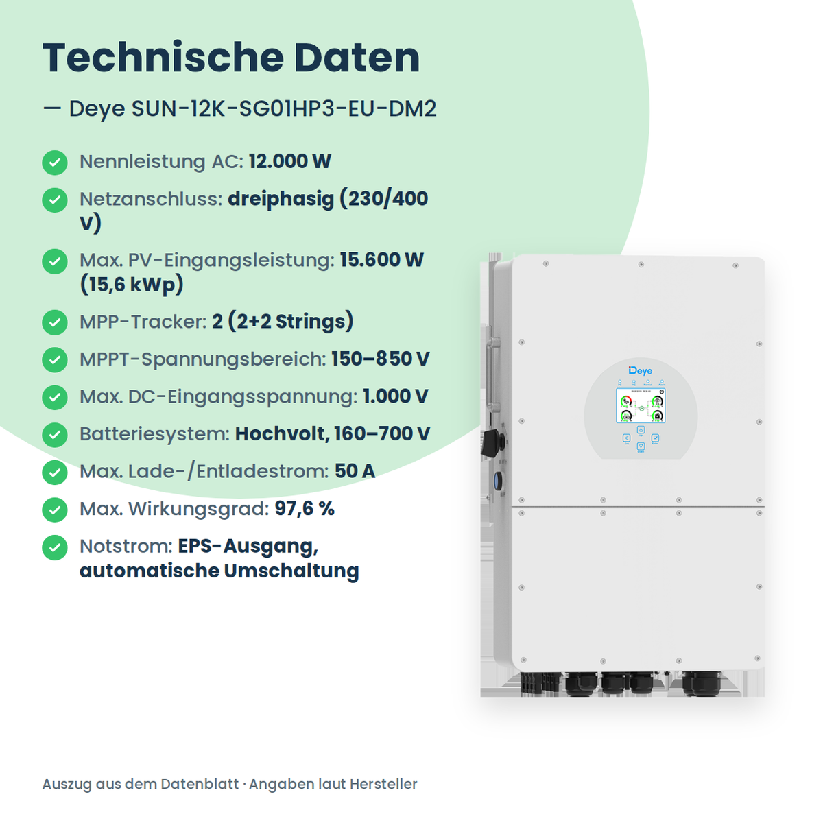 Deye SUN-12K-SG01HP3-EU-DM2 – 12 kW Hybrid-Wechselrichter dreiphasig für Hochvolt-Speicher