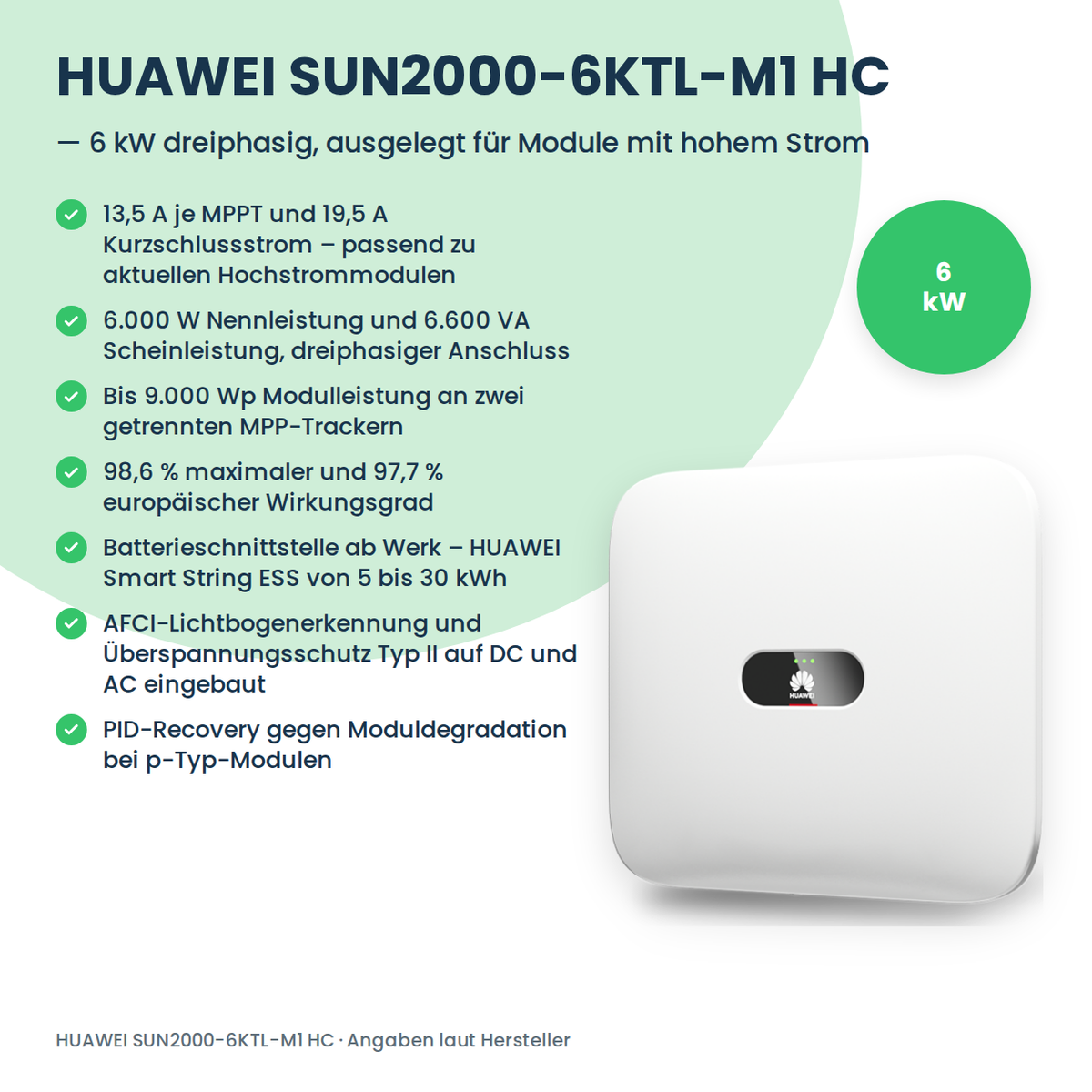 HUAWEI SUN2000-6KTL-M1 HC – Infografik mit Leistungsdaten und Ausstattung des 6-kW-Hybrid-Wechselrichters