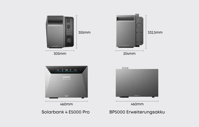 Anker SOLIX Solarbank 4 E5000 Pro und BP5000 Erweiterungsakku – Maßvergleich der Gehäuse in Millimetern