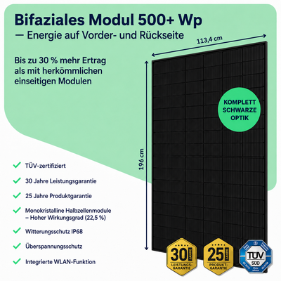 Bifaziales Glas-Glas-Solarmodul 500 Wp – Infografik mit Maßen 113,4 × 196 cm, Wirkungsgrad und Garantiezeiten