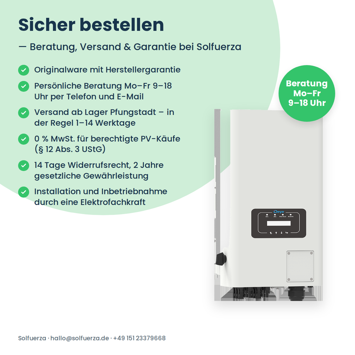 Deye SUN-25K-G04 – Hinweise zu Beratung, Versand und Garantie beim Kauf bei Solfuerza