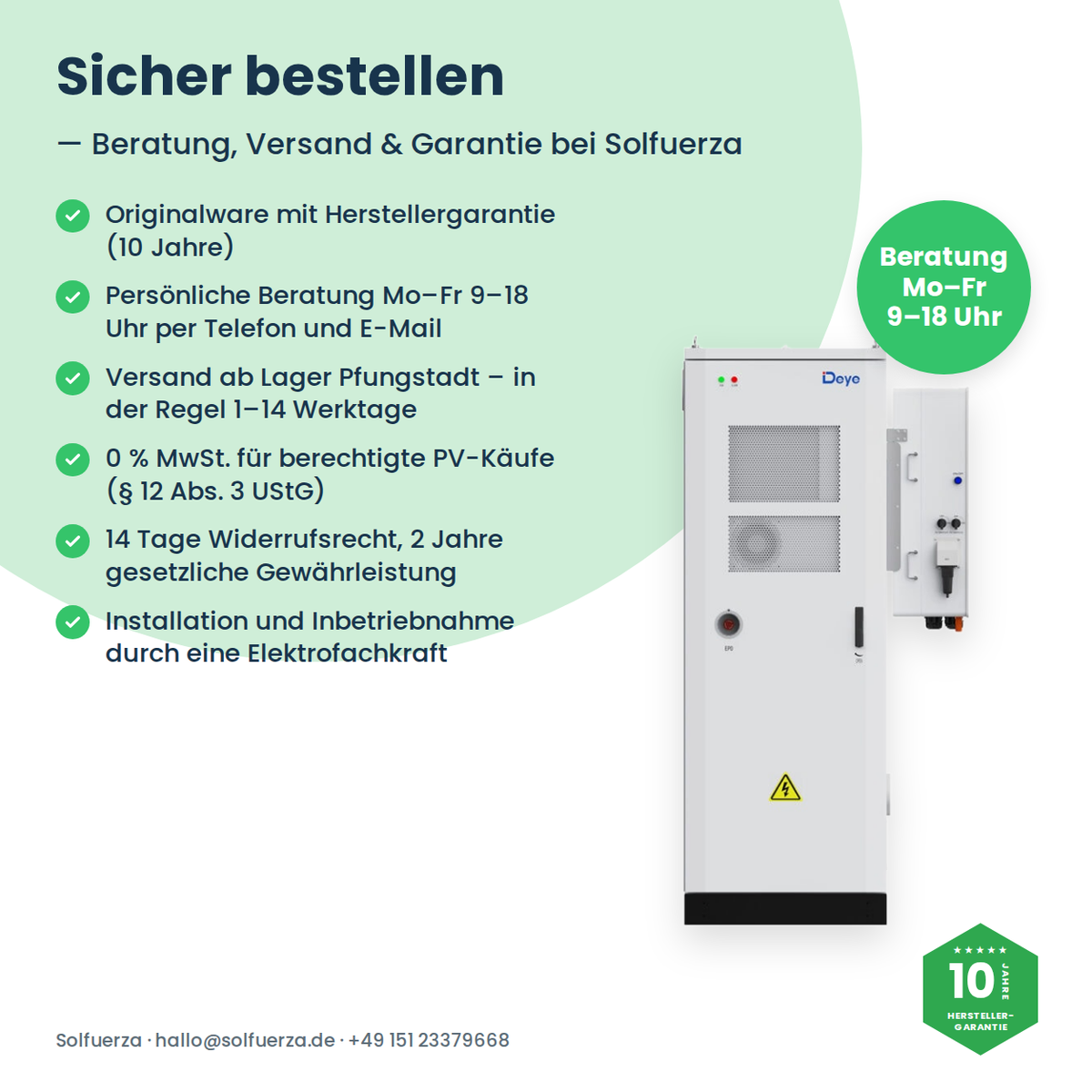 Deye GE-F60 Bestellhinweise von Solfuerza: 10 Jahre Herstellergarantie, Beratung, Versand und 0 % MwSt. nach § 12 Abs. 3 UStG