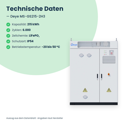 Deye MS-GS215-2H3 technische Daten im Überblick: 215 kWh Kapazität, 6.000 Zyklen, LiFePO4-Zellen, Schutzart IP54