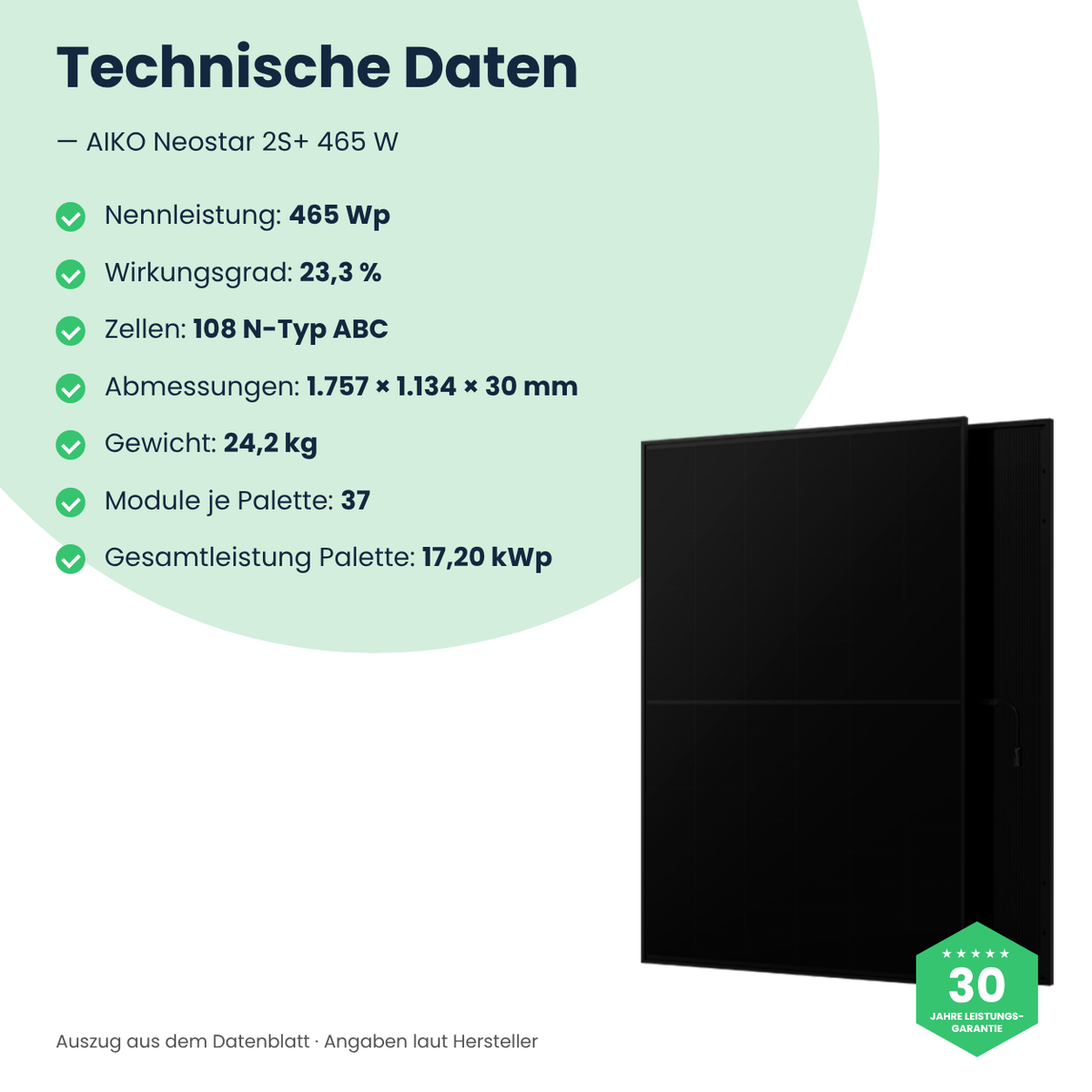 AIKO Neostar 2S+ 465 W – technische Daten, 1.757 × 1.134 × 30 mm, 24,2 kg