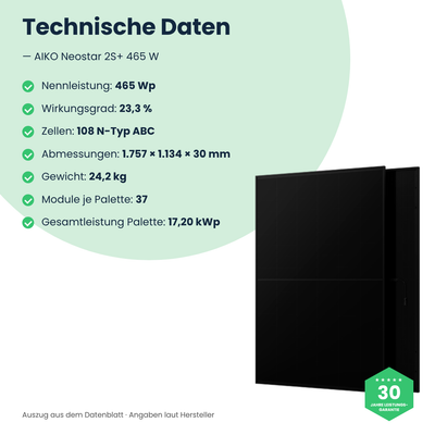 AIKO Neostar 2S+ 465 W – technische Daten, 1.757 × 1.134 × 30 mm, 24,2 kg