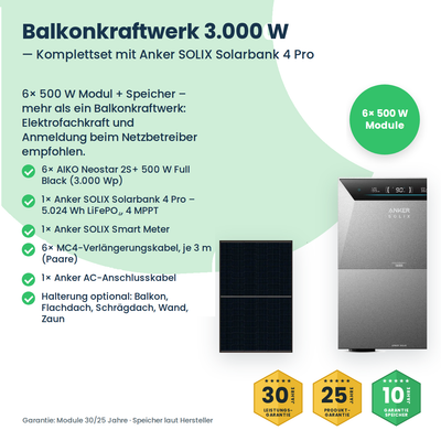 Balkonkraftwerk 3000W mit AIKO-Modulen und Speicher – Lieferumfang des Komplettsets