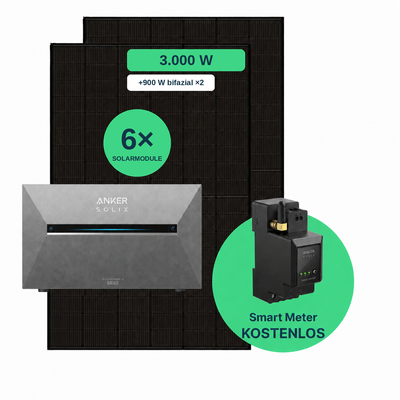 Balkonkraftwerk 3.000 W Komplettset mit 6 Solarmodulen (Jolywood 500 W bifazial), Anker SOLIX Solarbank 3 Pro und gratis Smart Meter
