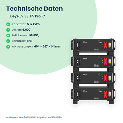 Deye LV SE-F5 Pro-C – technische Daten: 5,12 kWh, 6.000 Zyklen, LiFePO4-Zellen, Schutzart IP21