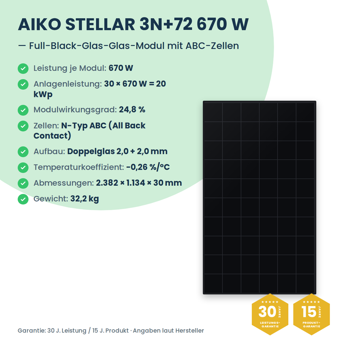 PV-Komplettset 20 kWp 3-ph. | 30× AIKO STELLAR 670W + Sungrow SH20T + Sungrow SBR160
