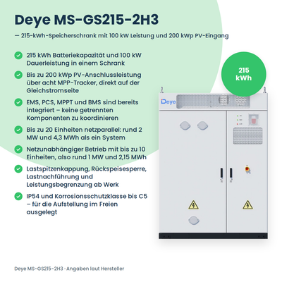 Deye MS-GS215-2H3 Speicherschrank mit Infografik der wichtigsten Vorteile: 215 kWh, 100 kW Dauerleistung, 200 kWp PV-Eingang
