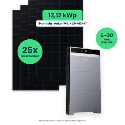 PV-Komplettset 12,12 kWp 3-ph. | 25× AIKO 485W Black Frame + Anker SOLIX X1-H12K-T
