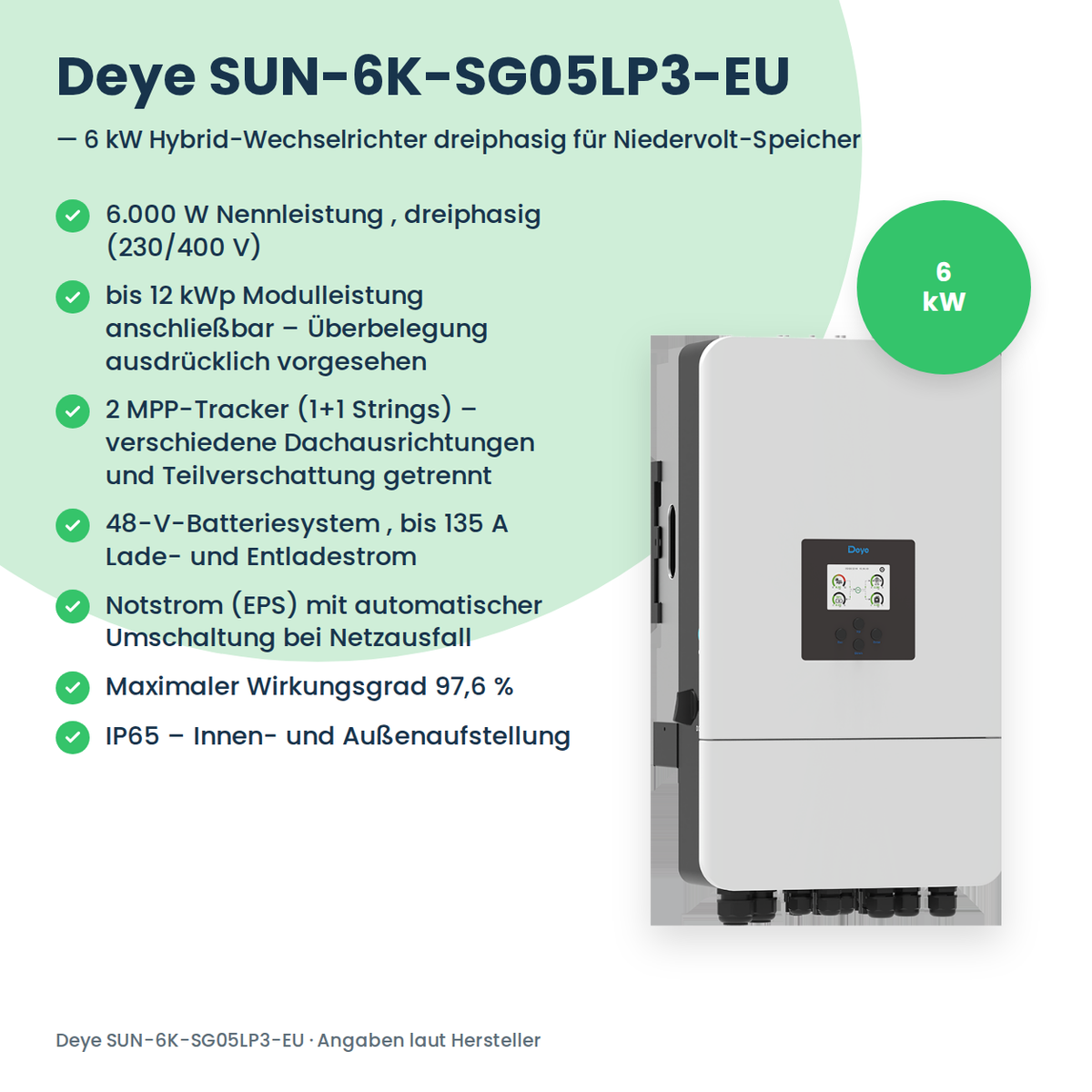 Deye SUN-6K-SG05LP3-EU – 6 kW Hybrid-Wechselrichter dreiphasig für Niedervolt-Speicher