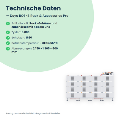 Deye BOS-B Rack & Accessories Pro – Technische Daten: 6.000 Zyklen, IP20, 2.150 × 1.305 × 800 mm